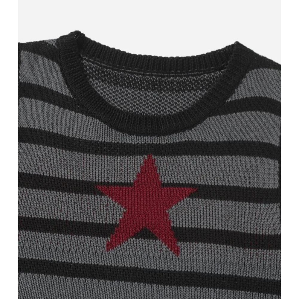 Striped Star Print Sweater Vest Gray Black Stripes Red Star Sleeveless S-L Avail - Picture 4 of 6